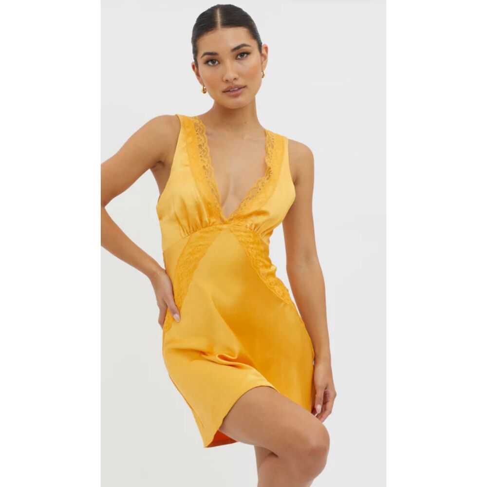 Satin Lace-Trim Mini Dress in Mustard Yellow